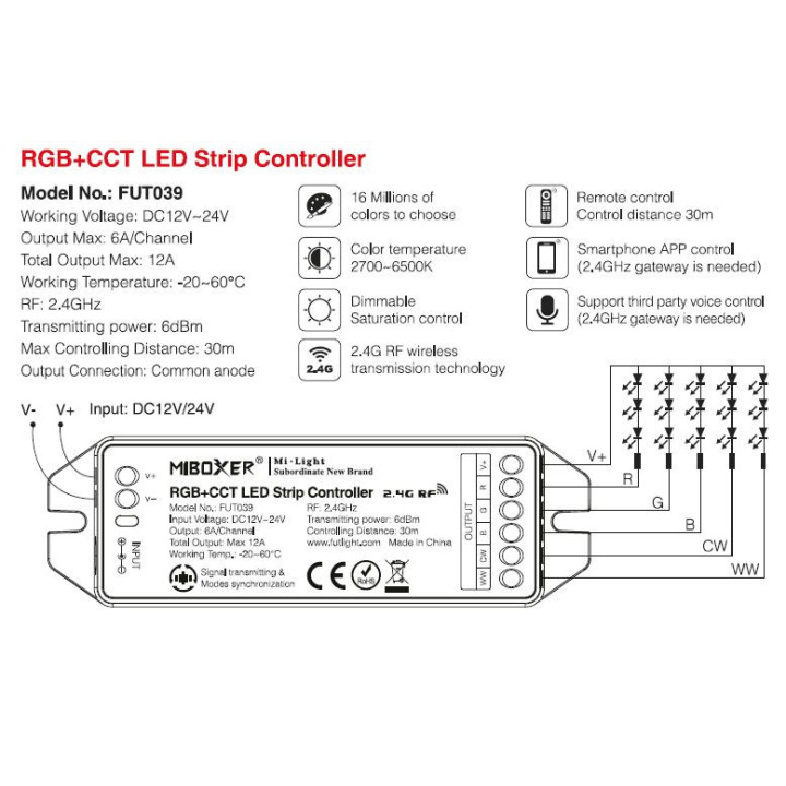 MiBoxer RGB+CCT controller for LED strips FUT039 Upgraded