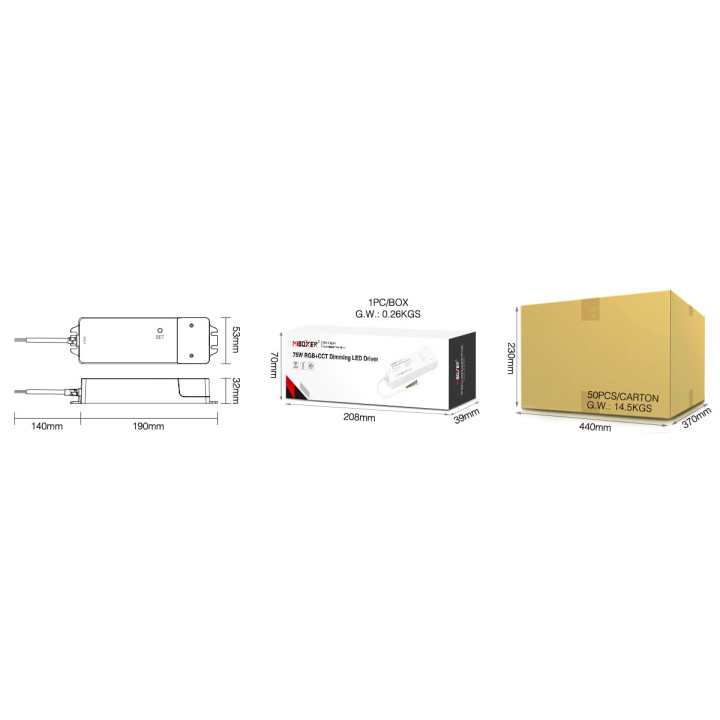 MiBoxer CL5-P75V24 Masszeichnung und Verpackungsabmessungen