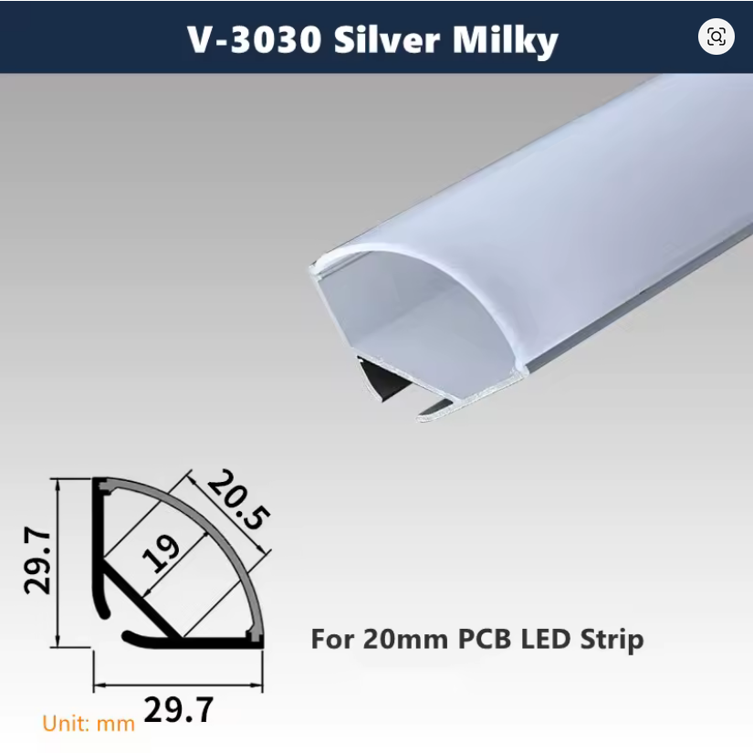 V-3030 Silver Milky – corner profile with supplier dimension drawing