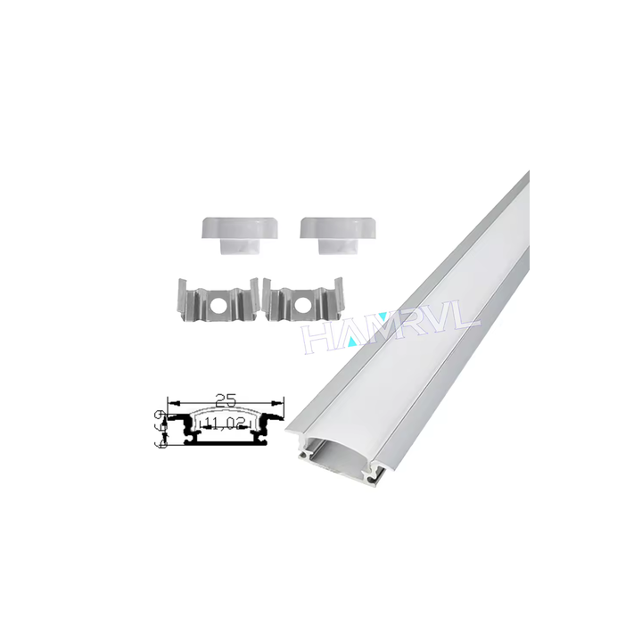 YW-Silver LED-Einbauprofil mit opaler Abdeckung, Enddeckeln und Montageklammern