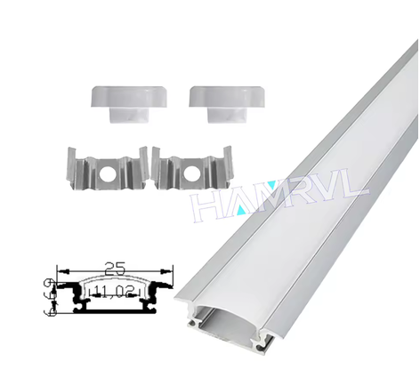 YW-Silver recessed LED profile with opal cover, end caps and mounting clips