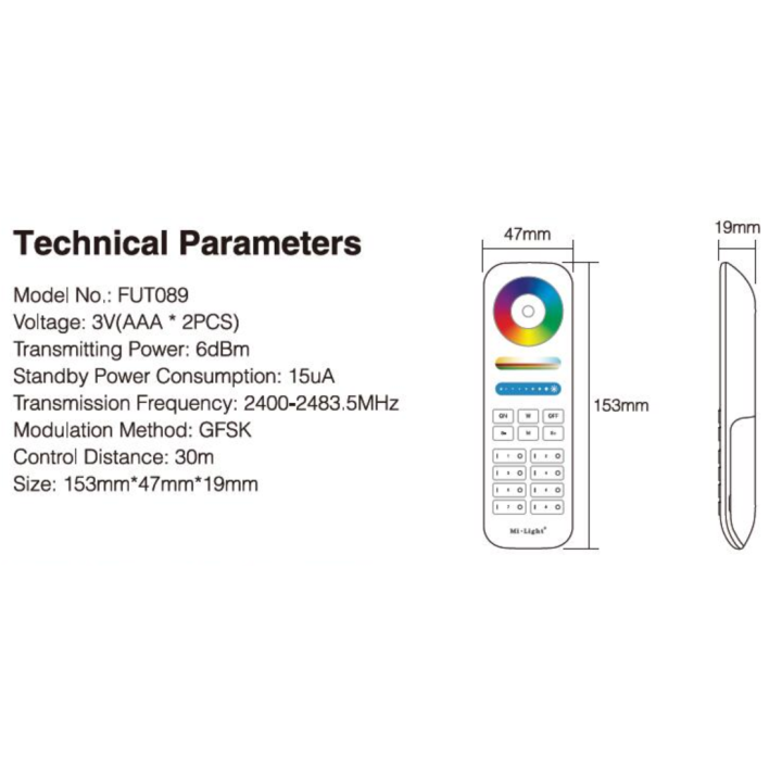 Mi-Light RGB+CCT remote control FUT089