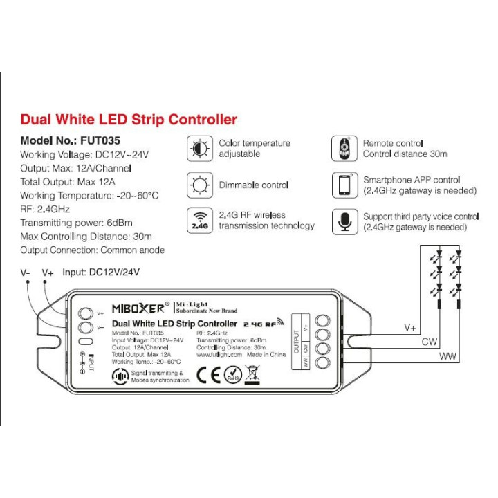 MiBoxer CCT WW/CW controller for LED strips FUT035