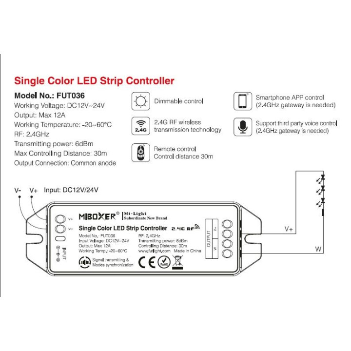 MiBoxer Controller für Einfarbige LED-Streifen FUT036