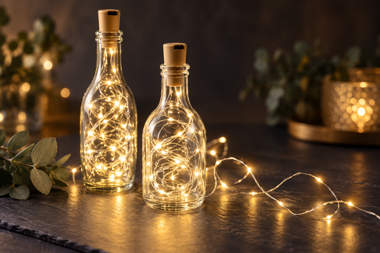 Leuchtende LED-Lichterketten in Glasflaschen mit Korken
